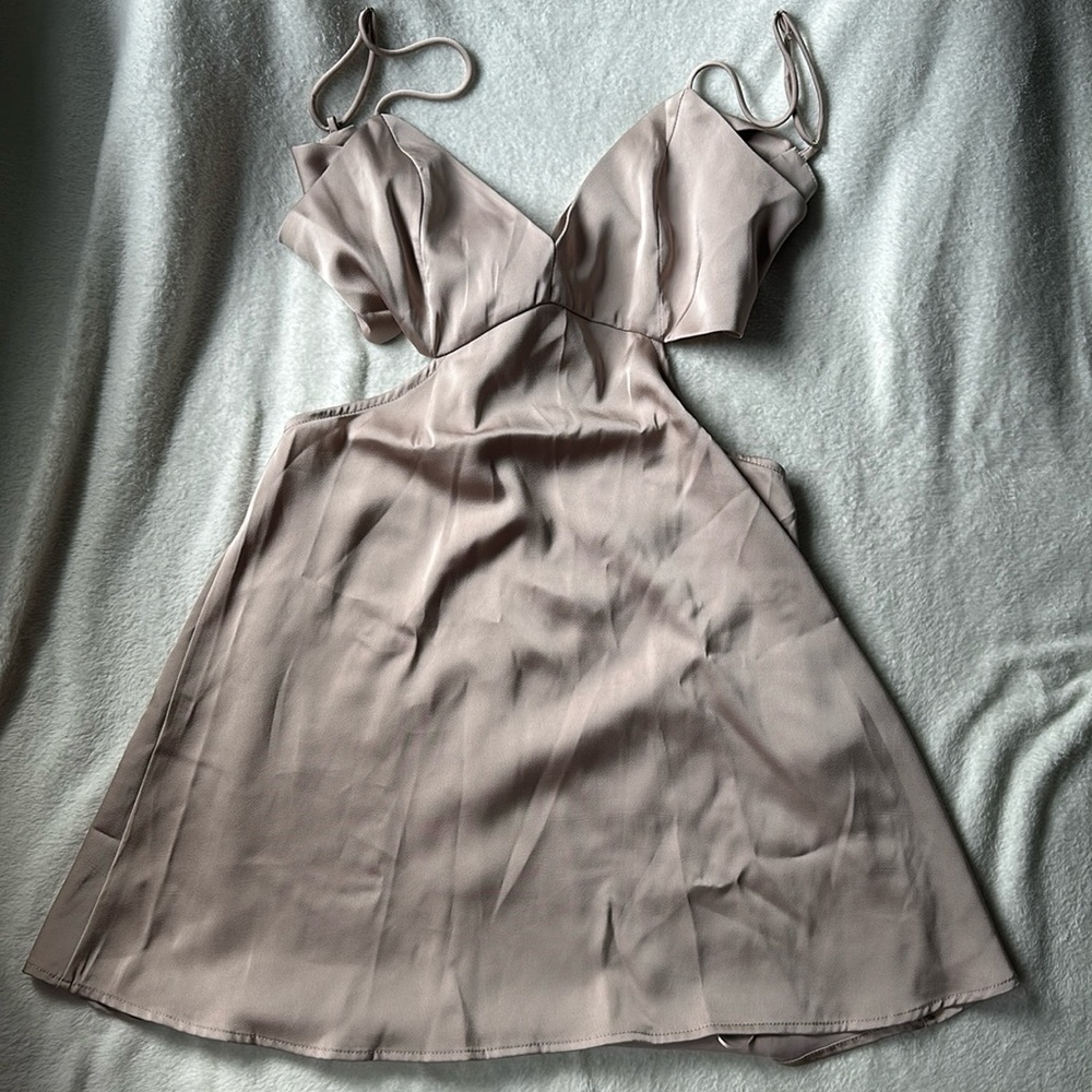 🍑 2 FOR $20! Beige tan satin tie back sexy cut out mini dress nwt